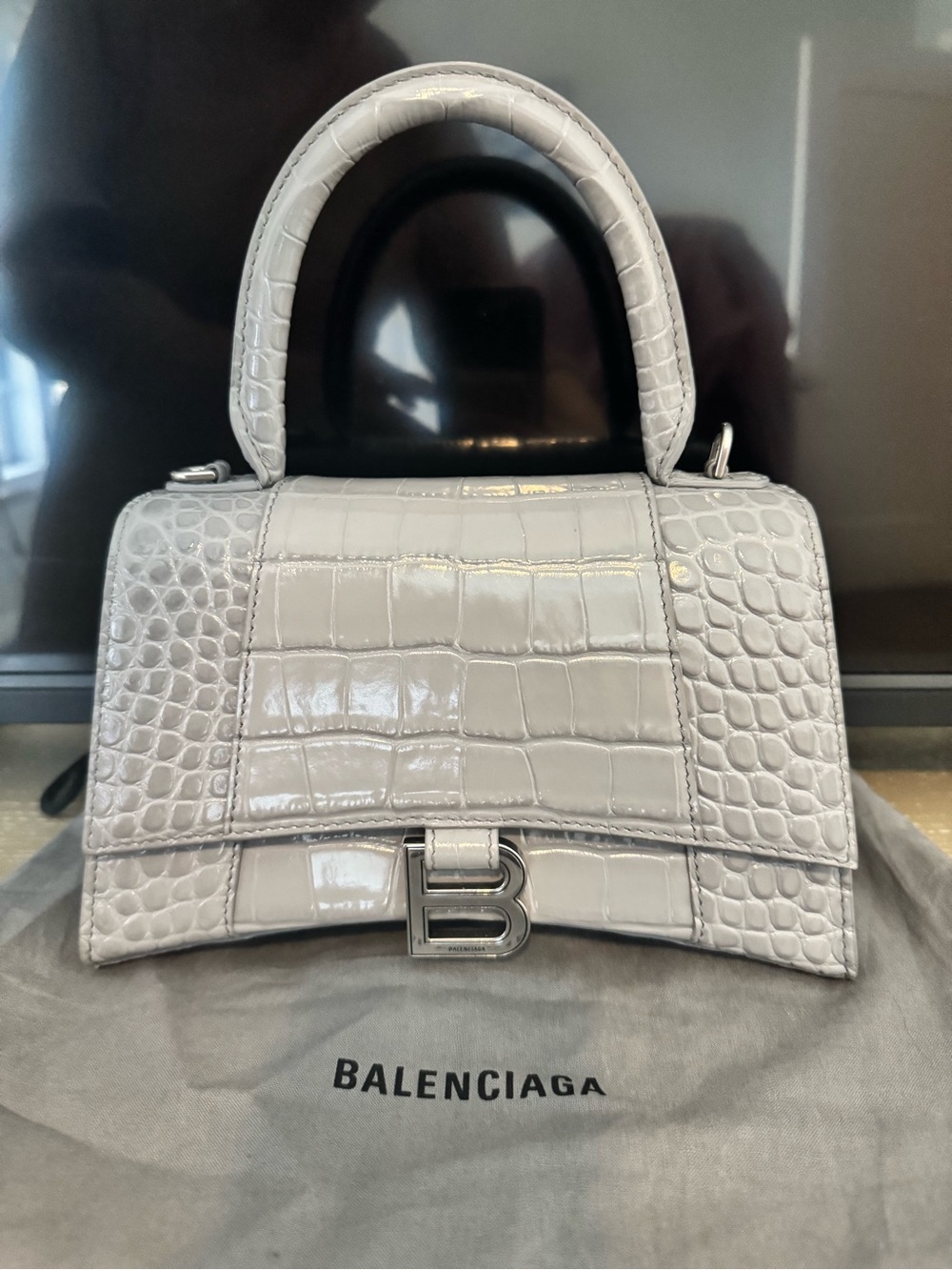 Balenciaga Small Top Handle Bag in Light Gray Croc-Embossed Leather